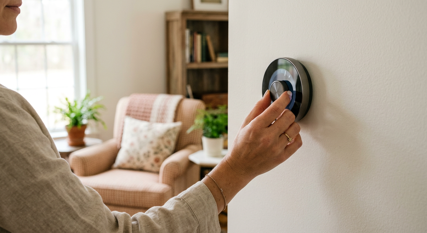 Homeowner adjusting a thermostat in a comfortable living room